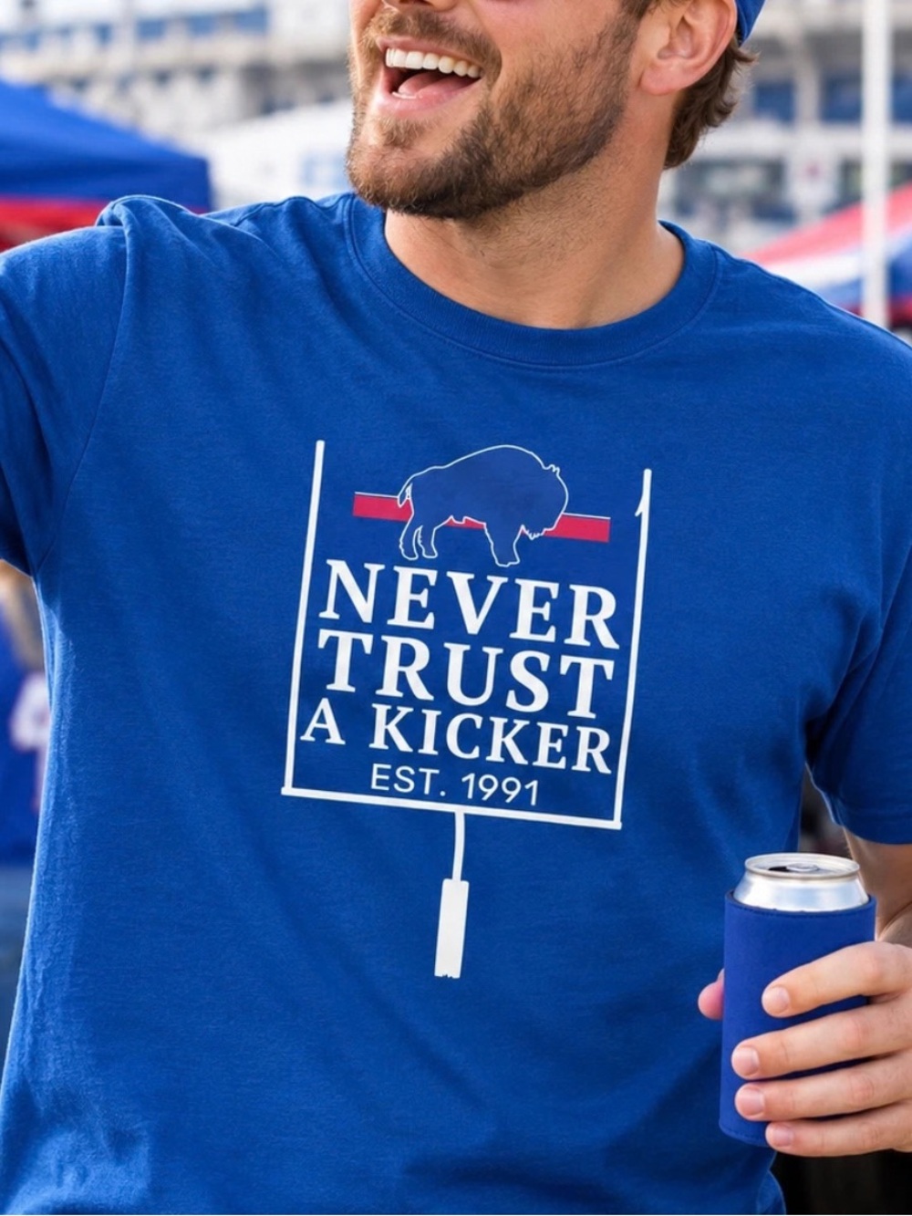 Gildan Blue "Never Trust A Kicker" Graphic Tee, Game Day T-Shirt